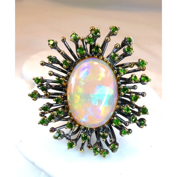 Stunning Huge 13 CT Natural Ethiopian Opal Chrome Diopside Sterling Silver Ring - Picture 1 of 9